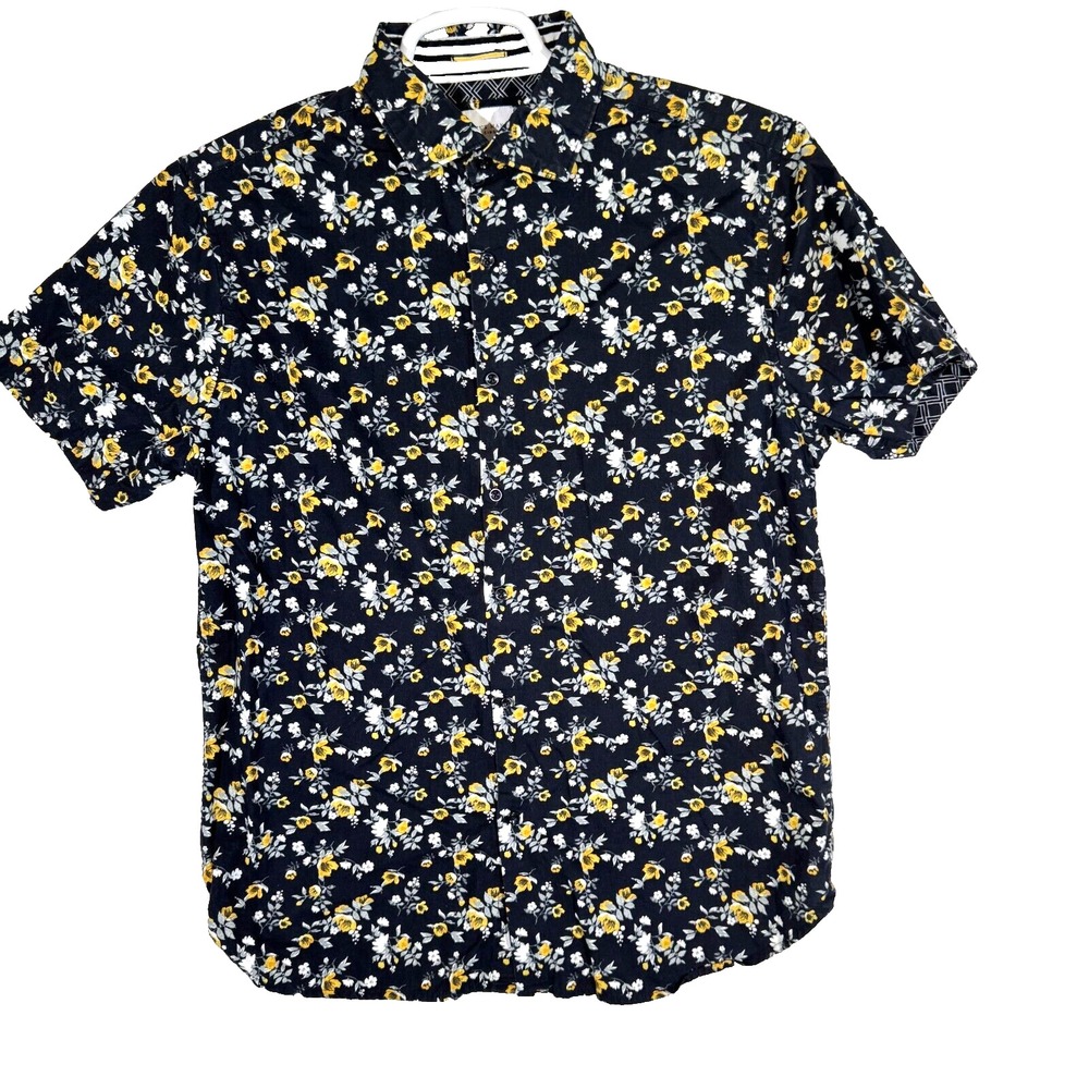 Cactus Man Shirt Men M Black Floral 100 Percent Cotton Short Sleeve Button Up